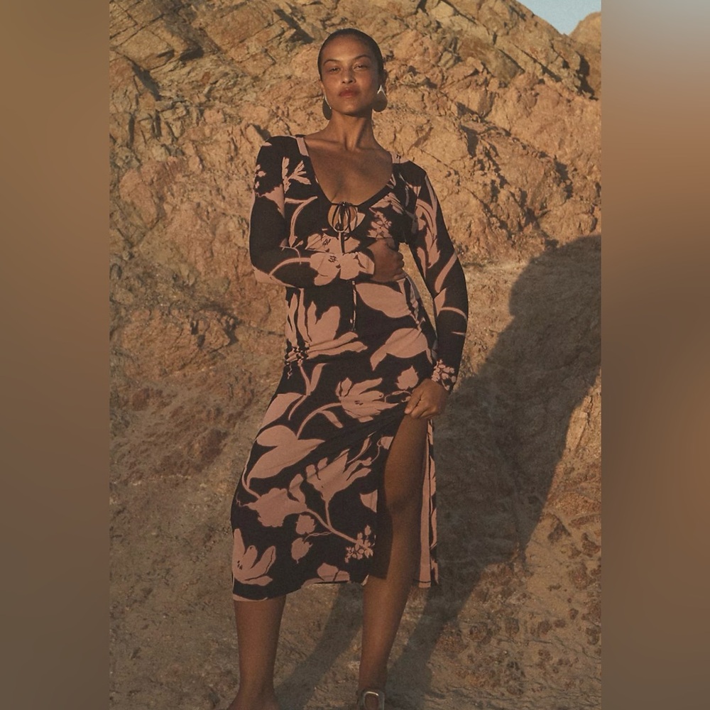 Anthropologie Keyhole Long-sleeve Printed Maxi
